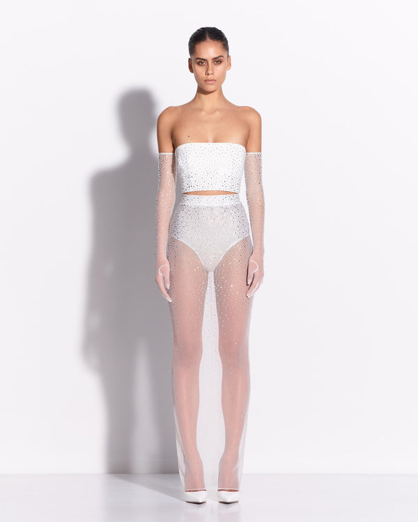 RTW Edit - Crop Top + Column Skirt + Gloves in Crystal Mesh
